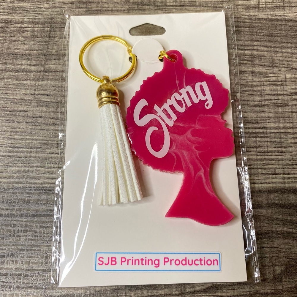 SJB Custom Resin "STRONG" Keychain with Tassel Pink White